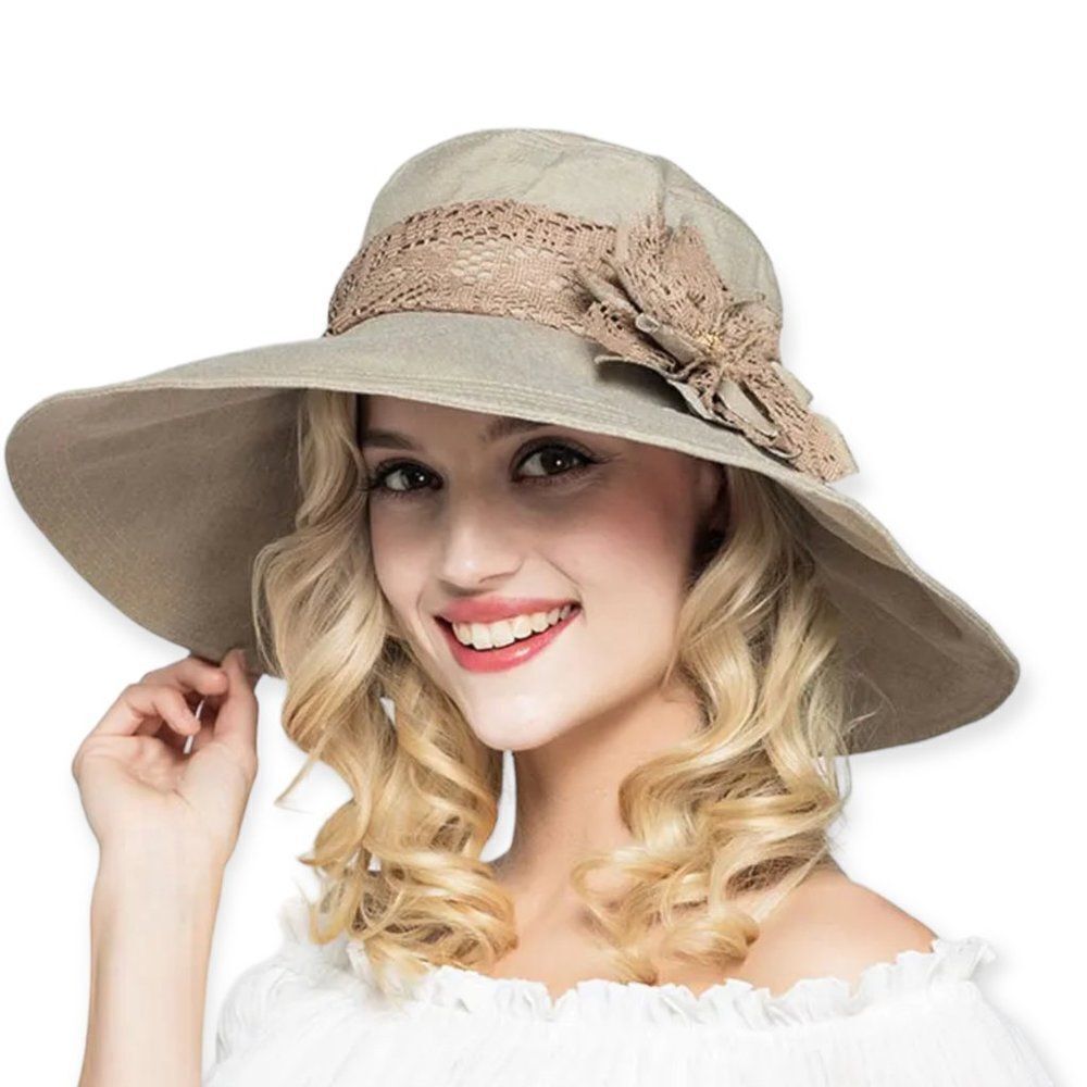 Khaki Wide Brim Floral Lace Band Foldable Adjustable Wide Brim Summer Sun Hat